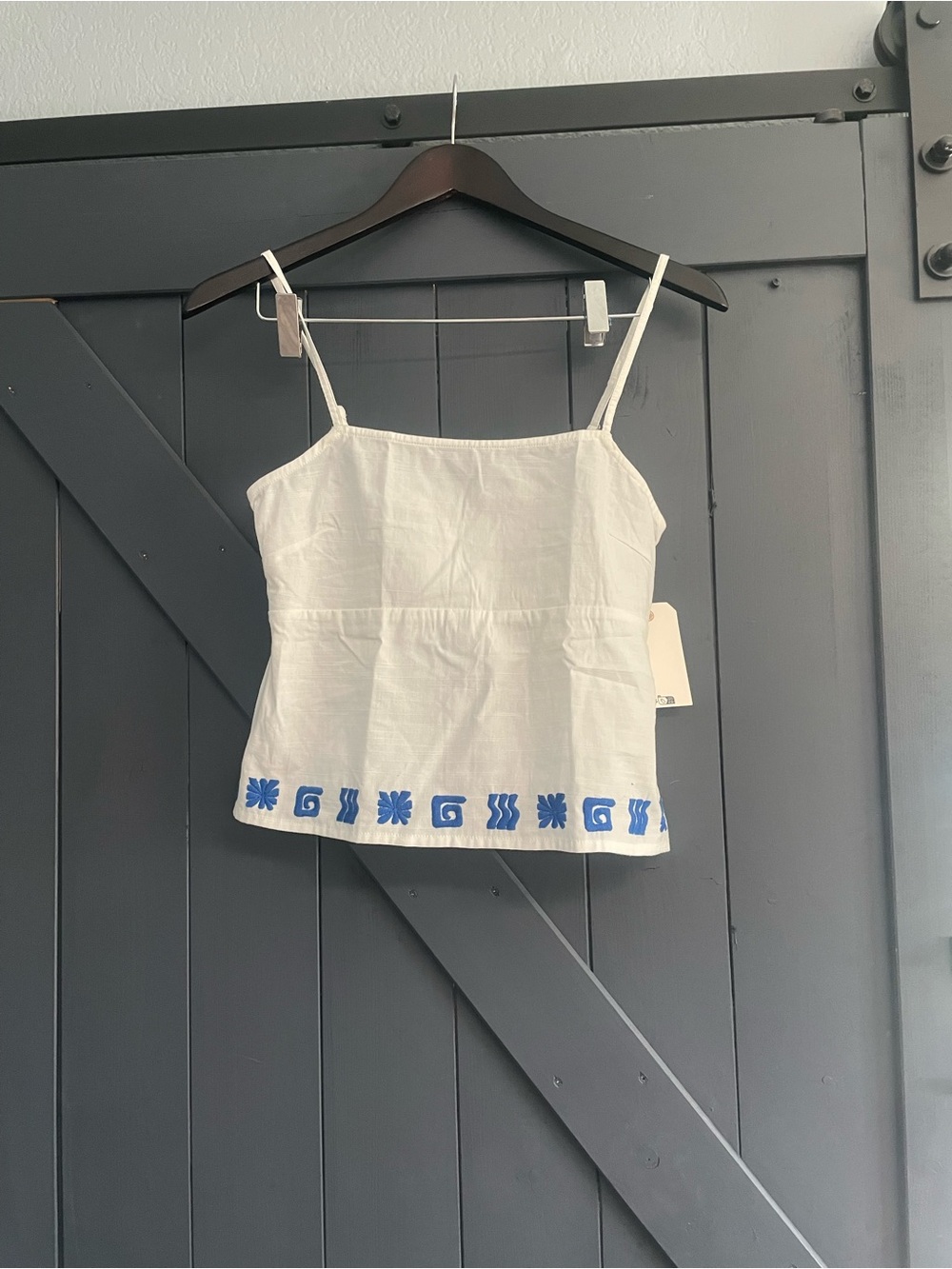 Billabong White Cotton Cami with Blue Embroidered Hem